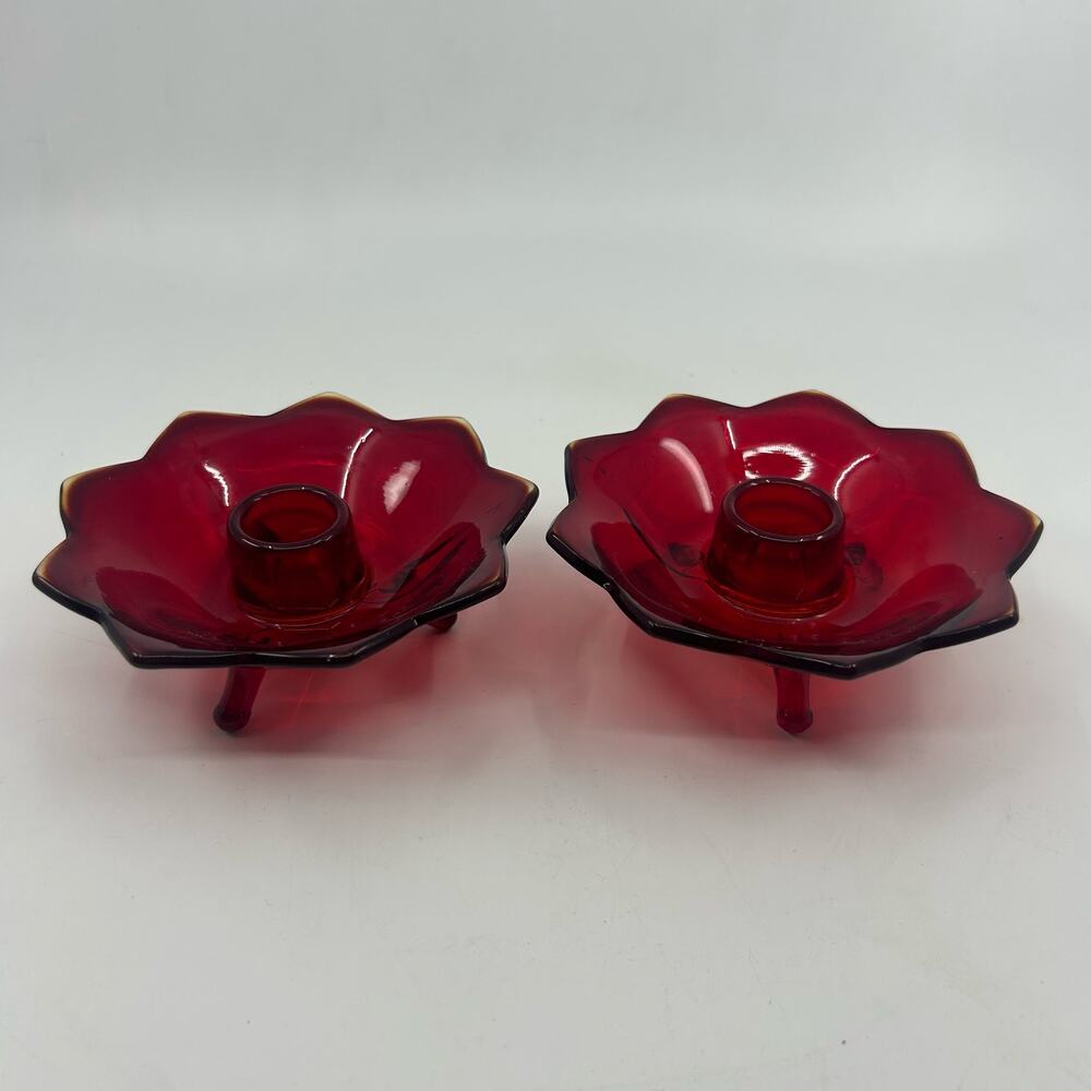 Vintage Fenton Scalloped Royal Ruby Red Glass 3 Footed Candle Holder Set Of 2
